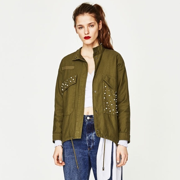 Zara military jacket khaki green & pearls - Picture 2 of 9